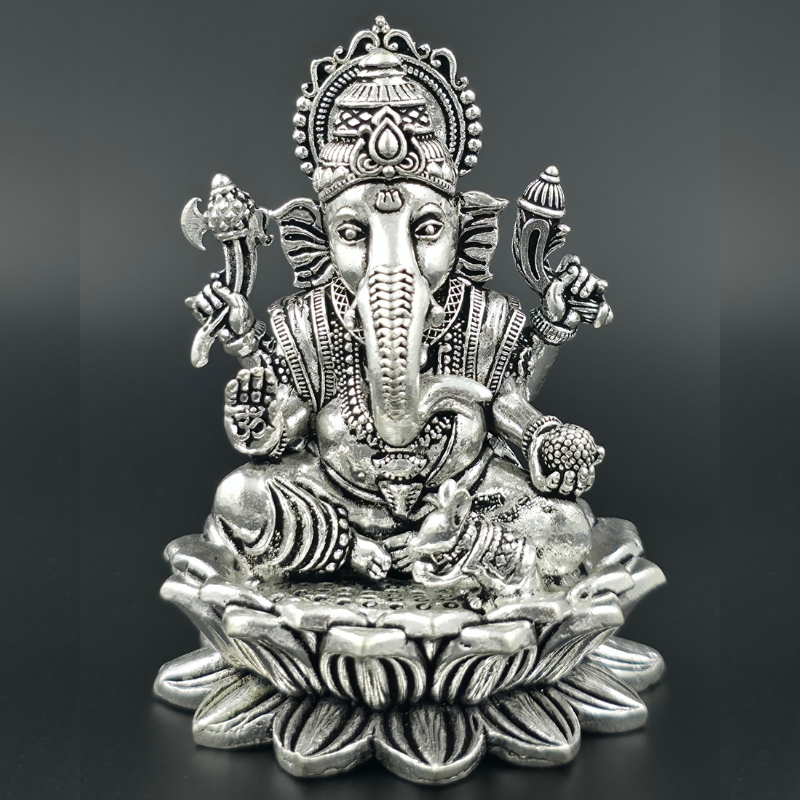 Ganpati with Lotus 925 Sterling Silver Idol – Handcrafted by Gopal Ji Silver Art