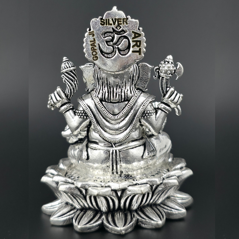 Ganpati with Lotus 925 Sterling Silver Idol – Handcrafted by Gopal Ji Silver Art