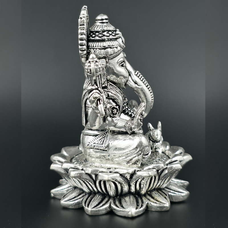Ganpati with Lotus 925 Sterling Silver Idol – Handcrafted by Gopal Ji Silver Art