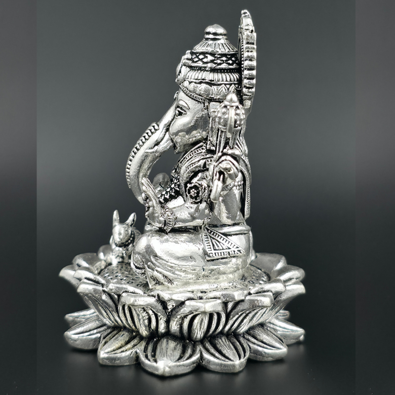 Ganpati with Lotus 925 Sterling Silver Idol – Handcrafted by Gopal Ji Silver Art
