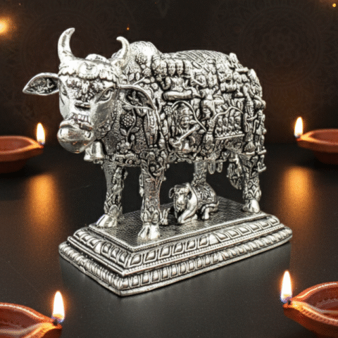 Handcrafted Brass Kamdhenu Cow Idol – Silver Plated Murti for Daily Puja