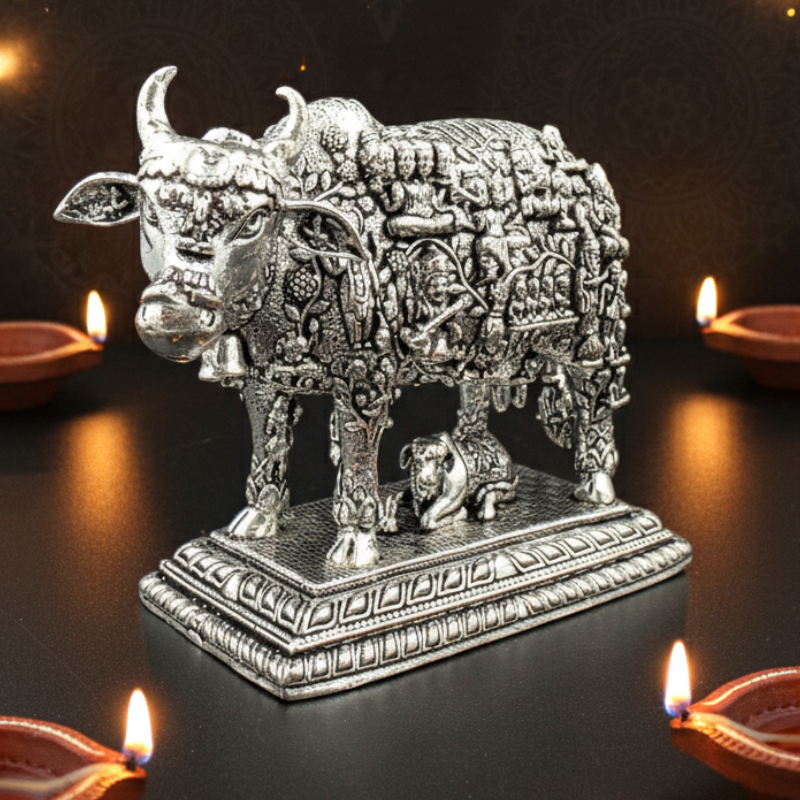 Handcrafted Brass Kamdhenu Cow Idol – Silver Plated Murti for Daily Puja