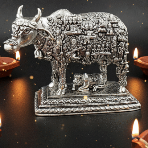 Handcrafted Brass Kamdhenu Cow Idol – Silver Plated Murti for Daily Puja