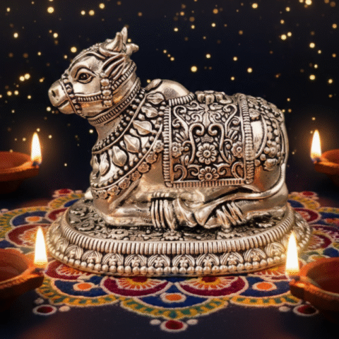 Handcrafted Brass Nandi Ji Idol – Silver Plated Murti for Daily Puja